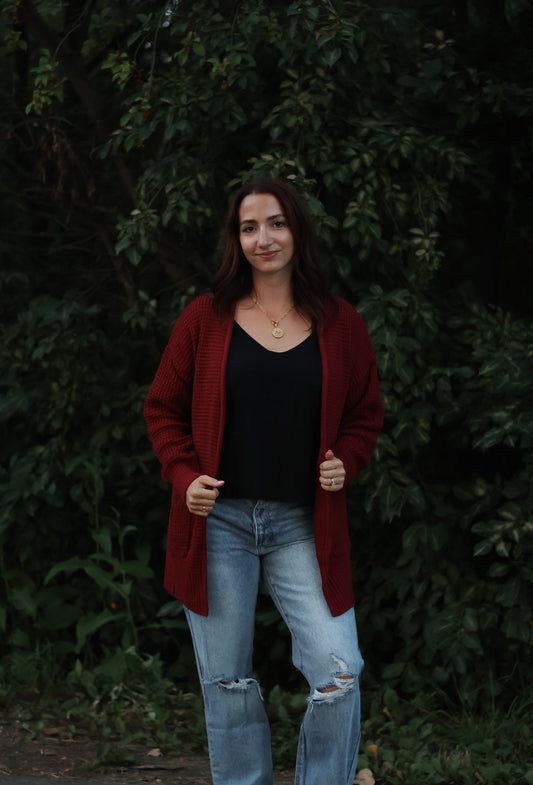 Winnie Waffle Cardigan- Wine
