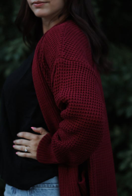 Winnie Waffle Cardigan- Wine