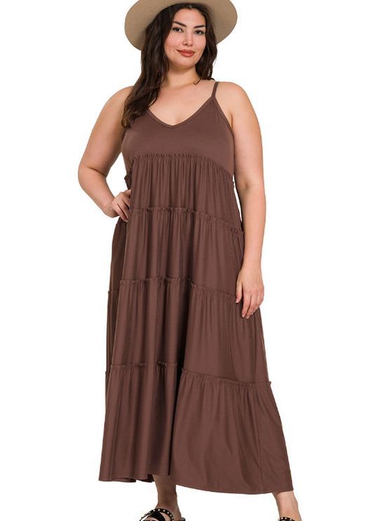 +Jaylynn V Neck Tiered Maxi Dress - Mahogany