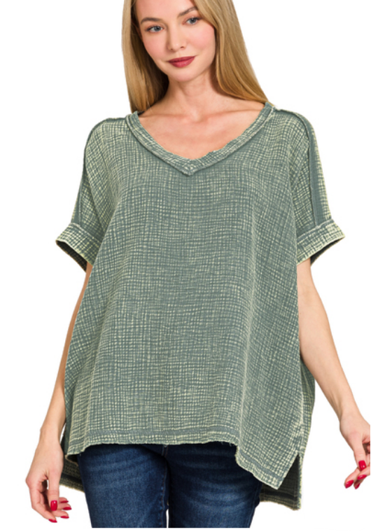 Tannis Acid Wash Double Gauze V Neck
