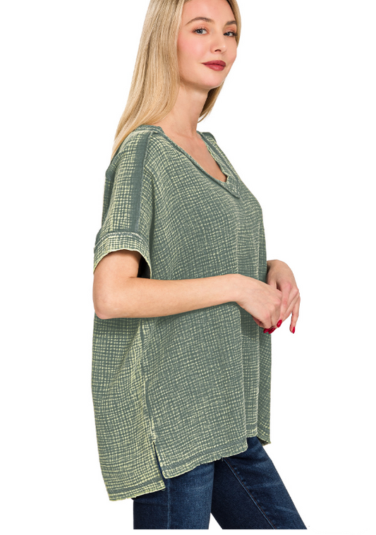 Tannis Acid Wash Double Gauze V Neck