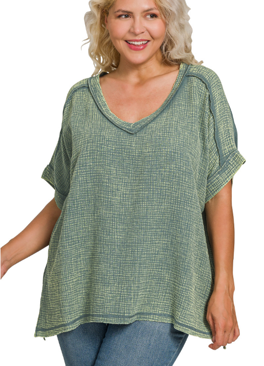 +Tannis Acid Wash Double Gauze V Neck