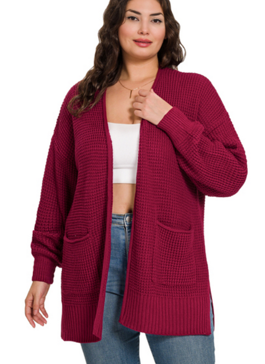 + Winnie Waffle Cardigan- Wine