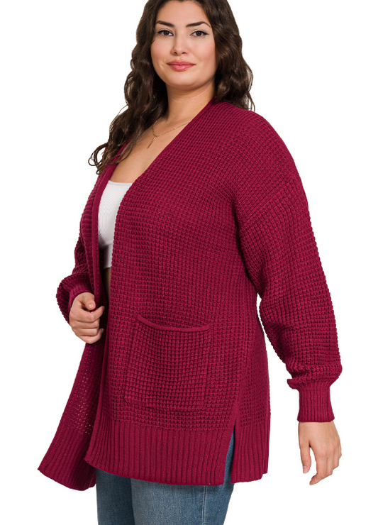 + Winnie Waffle Cardigan- Wine