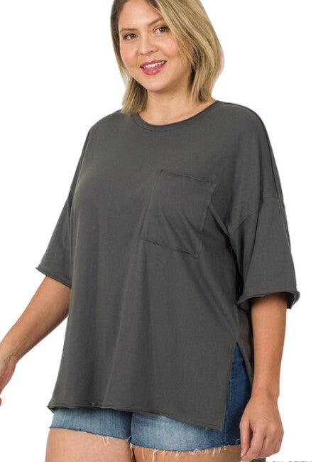 Tanis Hi-Low Raw Edge Top- Ash Grey